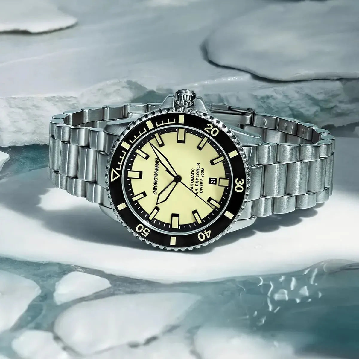 Emporio Armani Sea Explorer Yellow Dial Silver Steel Strap Watch for Men - AR60083