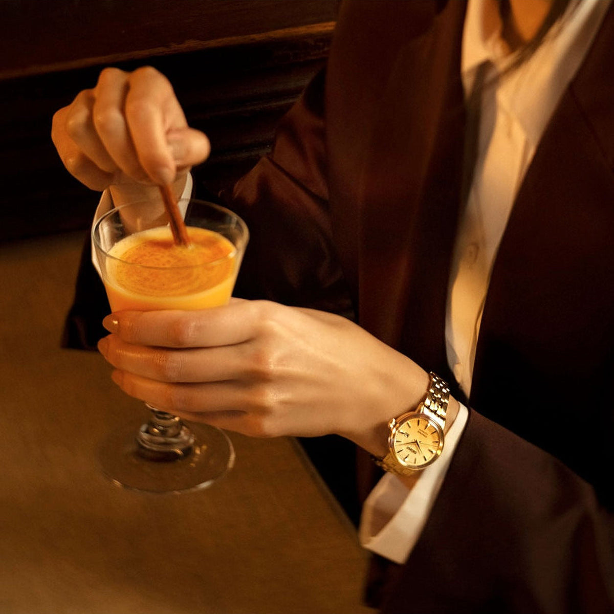 Seiko Presage Cocktail Time Automatic Diamonds Gold Dial Gold Steel Strap Watch for Women - SRE018J1