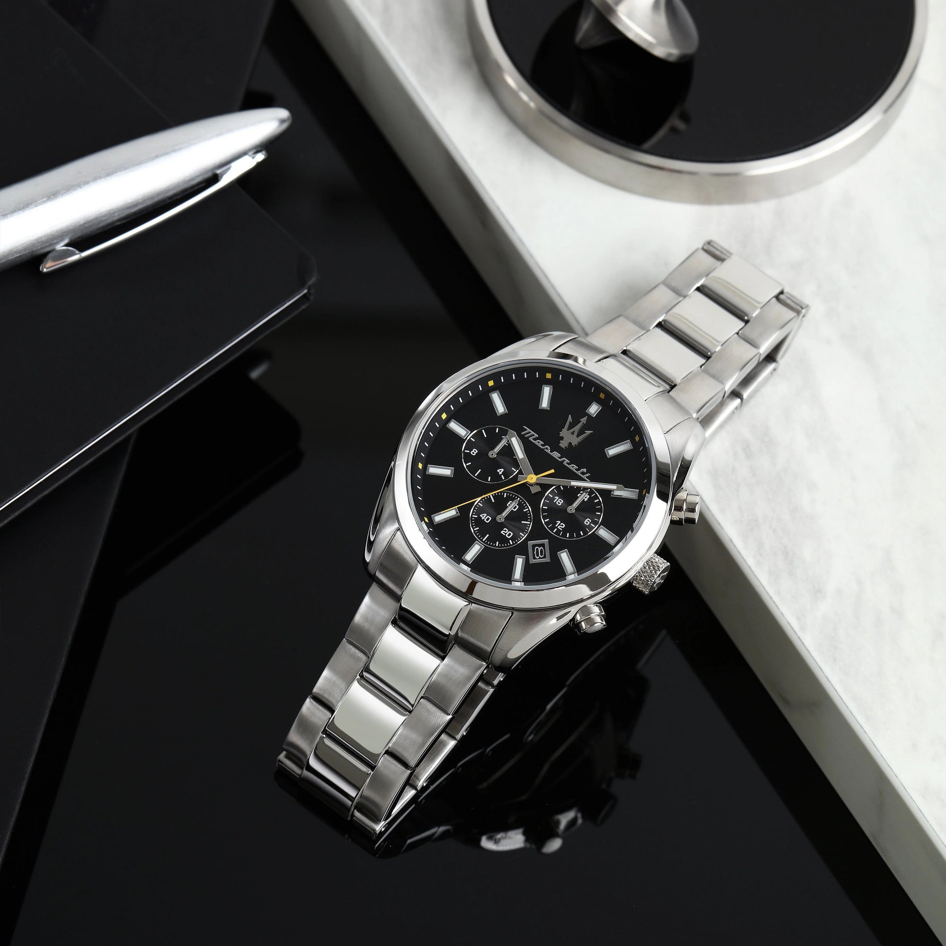 Maserati Attrazione Chronograph Black Dial Silver Steel Strap Watch for Men - R8853151010