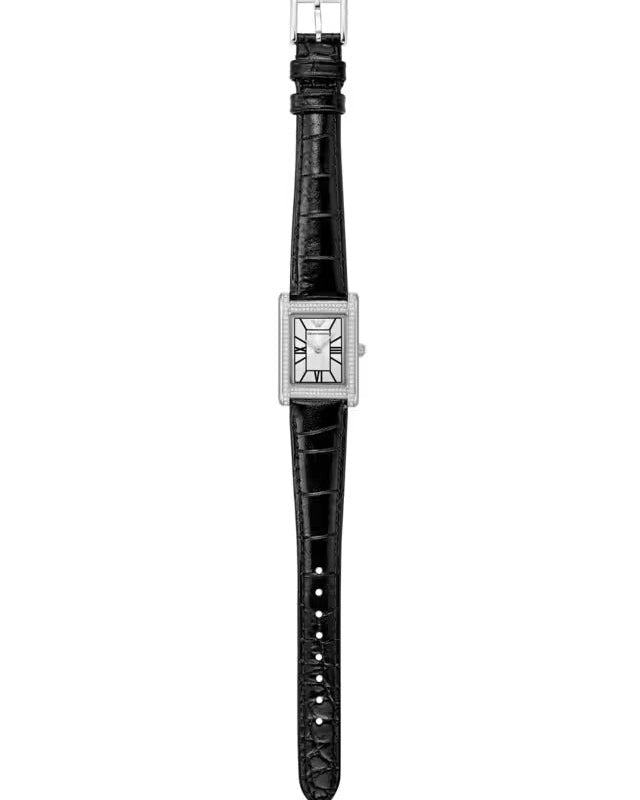 Emporio Armani Two Hand Crystals Silver Dial Black Leather Strap Watch for Women - AR11623
