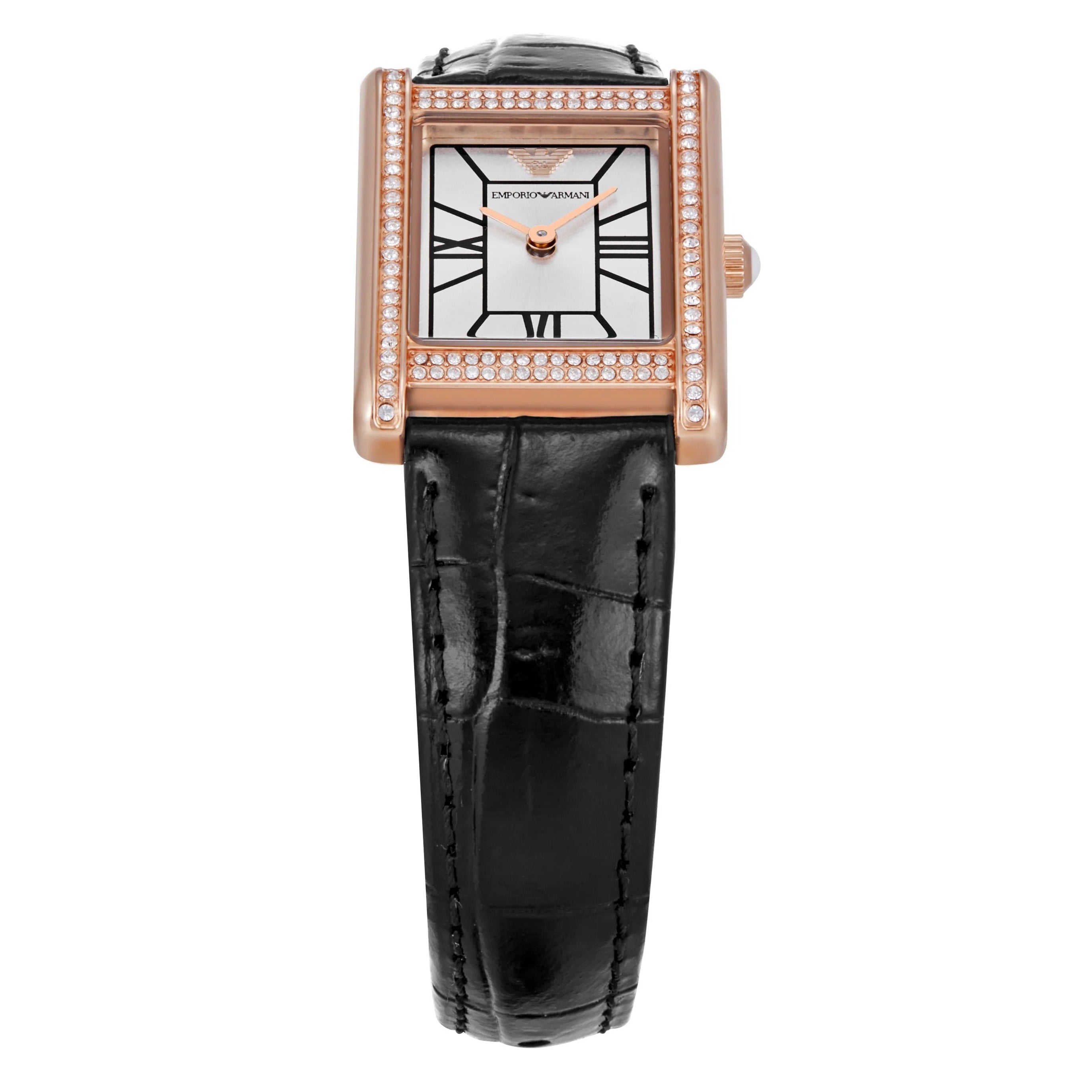 Emporio Armani Genni Silver Dial Black Leather Strap Watch for Women - AR11624