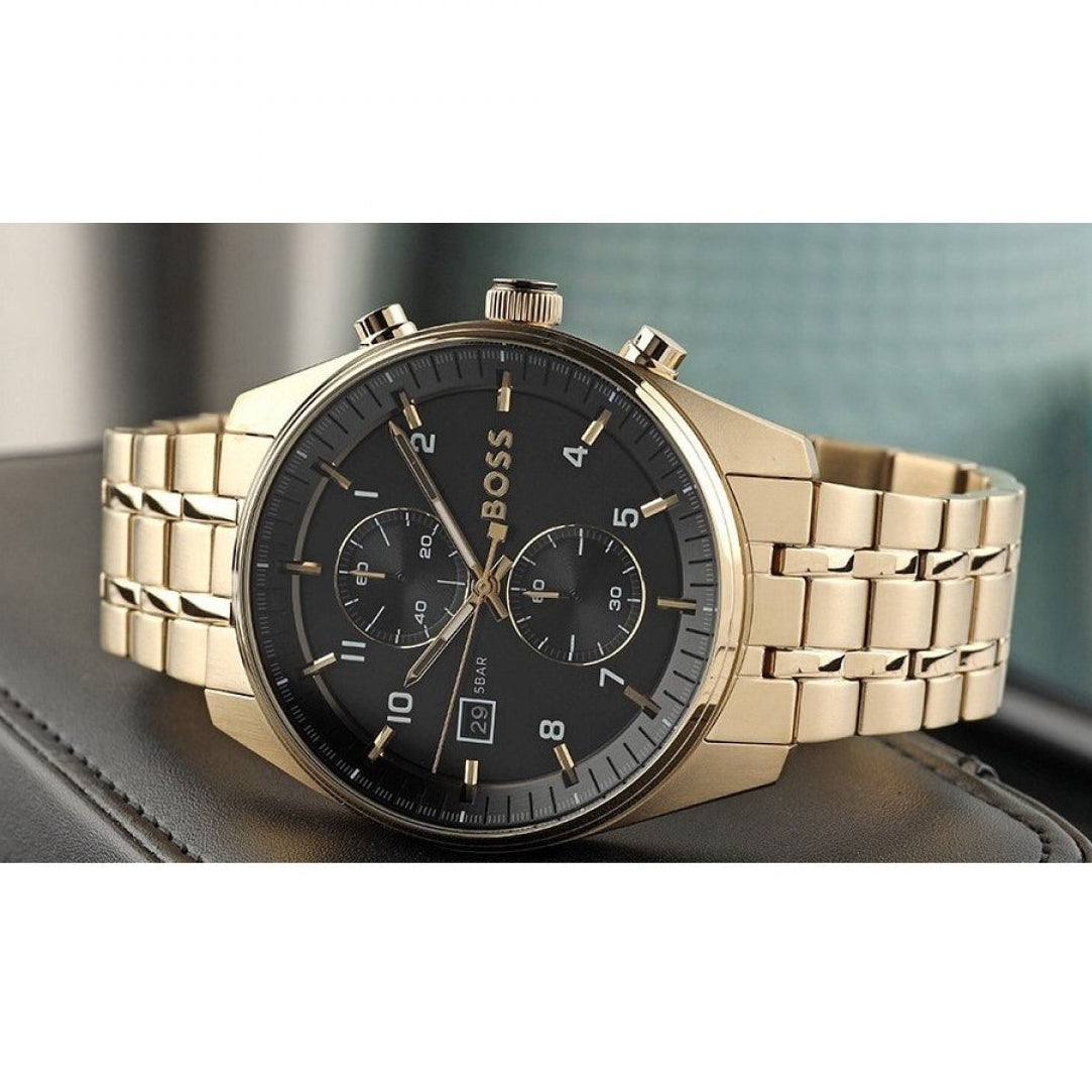 Hugo Boss Skytraveller Chronograph Black Dial Gold Steel Strap Watch for Men - 1514152