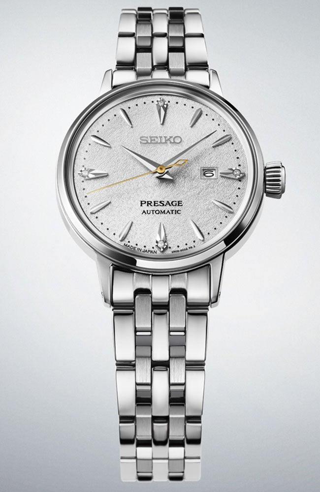 Seiko Presage Cocktail Time Automatic Diamonds White Dial Silver Steel Strap Watch for Women - SRE017J1