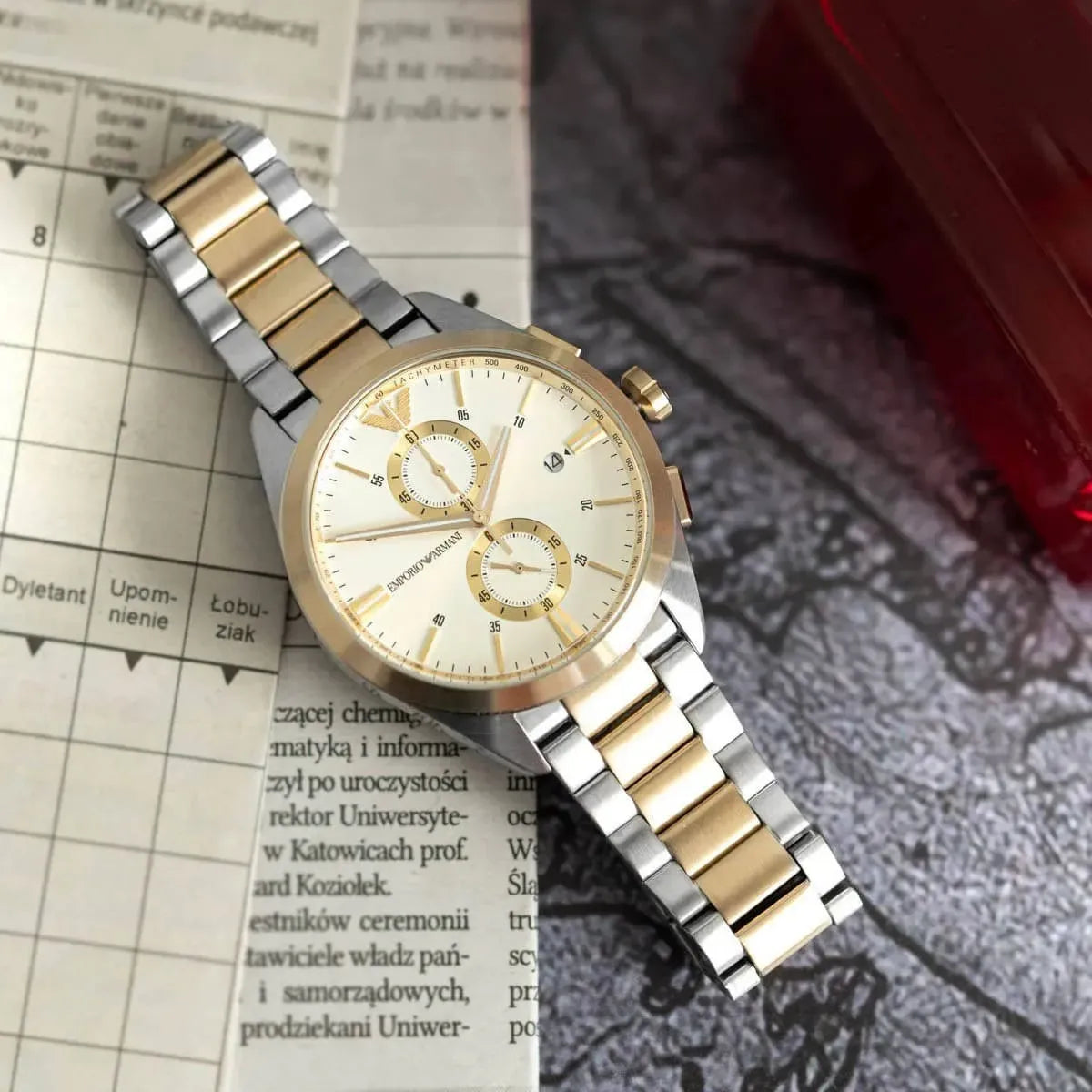 Emporio Armani Elegant Chronograph Cream Dial Two Tone Steel Strap Watch for Men - AR11605