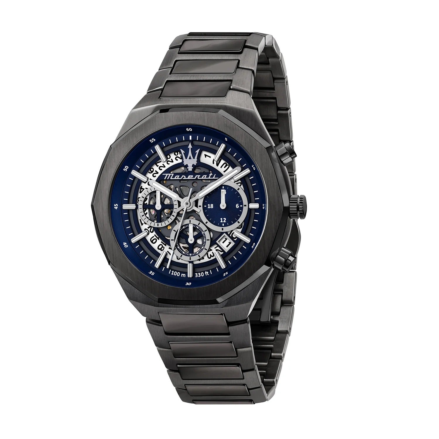 Maserati Stile Skeleton Chronograph Blue Dial Grey Steel Strap Watch for Men - R8873642012
