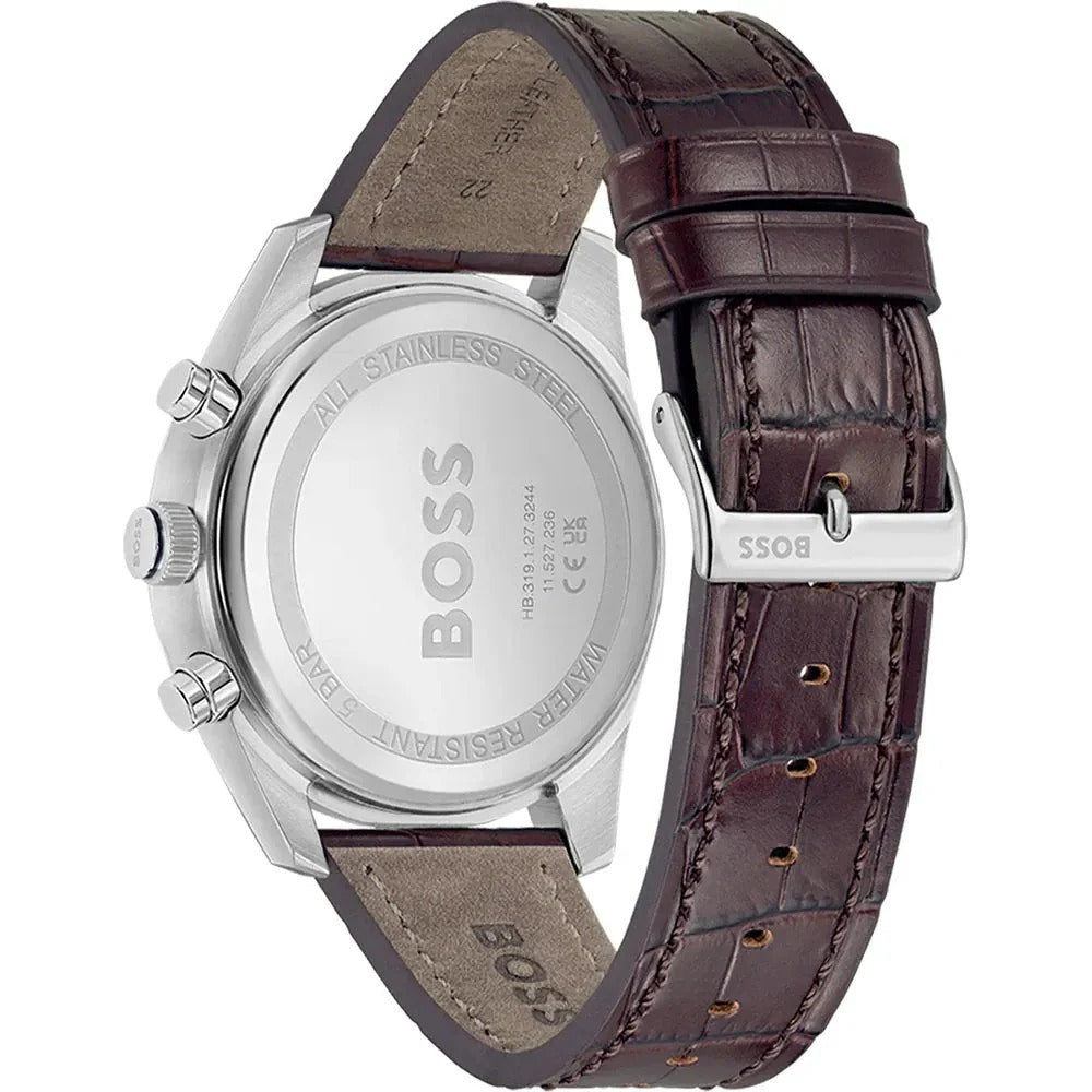 Hugo Boss Skytraveller Chronograph Blue Dial Brown Leather Strap Watch for Men - 1514194