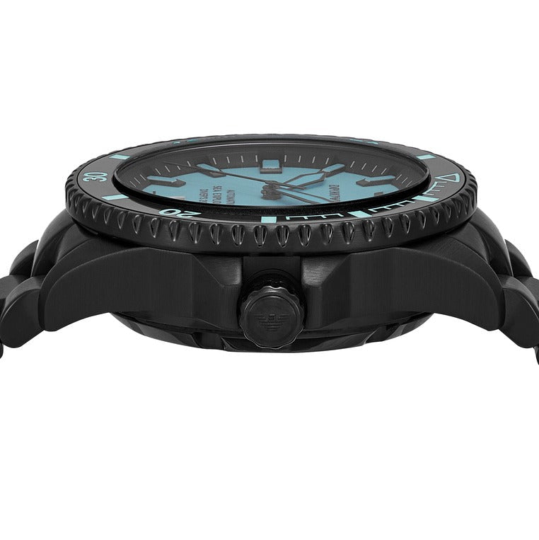 Emporio Armani Sea Explorer Turquoise Blue Dial Black Steel Strap Watch for Men - AR60084