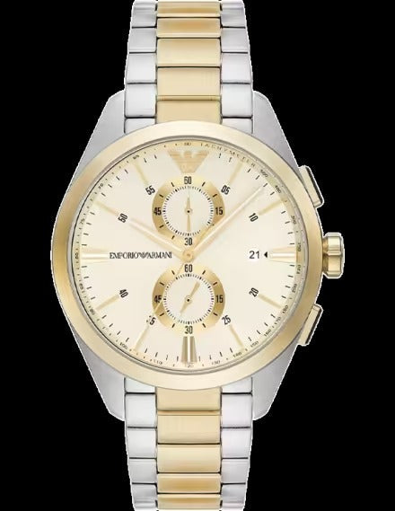 Emporio Armani Elegant Chronograph Cream Dial Two Tone Steel Strap Watch for Men - AR11605