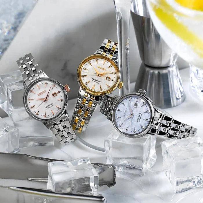 Seiko Presage Cocktail Time Skydiving Automatic Diamonds Mother of Pearl Dial Silver Steel Strap Watch for Women - SRE009J1