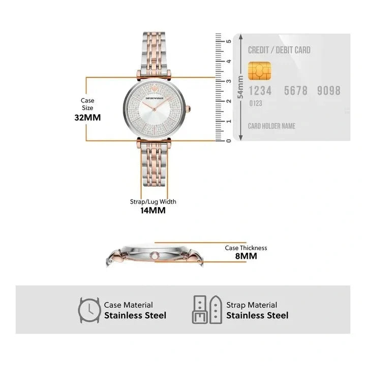 Emporio Armani Gianni T Bar Silver Dial Two Tone Steel Strap Watch for Women - AR11537