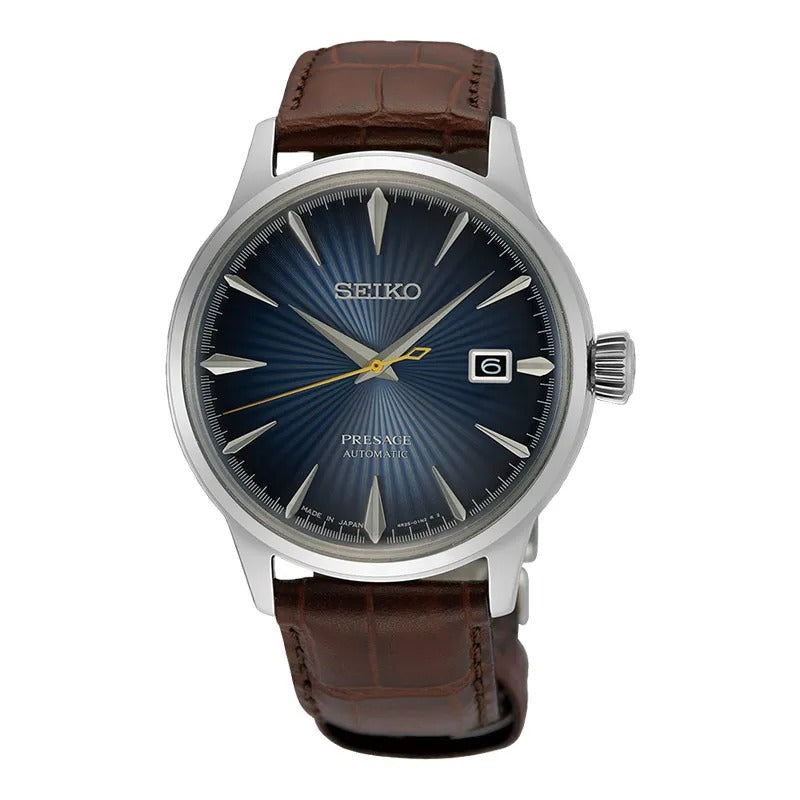 Seiko Presage Cocktail Time Automatic Blue Dial Brown Leather Strap Watch for Men - SRPK15K1