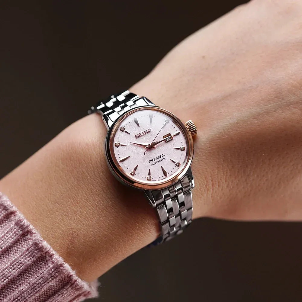 Seiko Presage Cocktail Time Automatic Diamonds White Dial Silver Steel Strap Watch for Women - SRE012J1