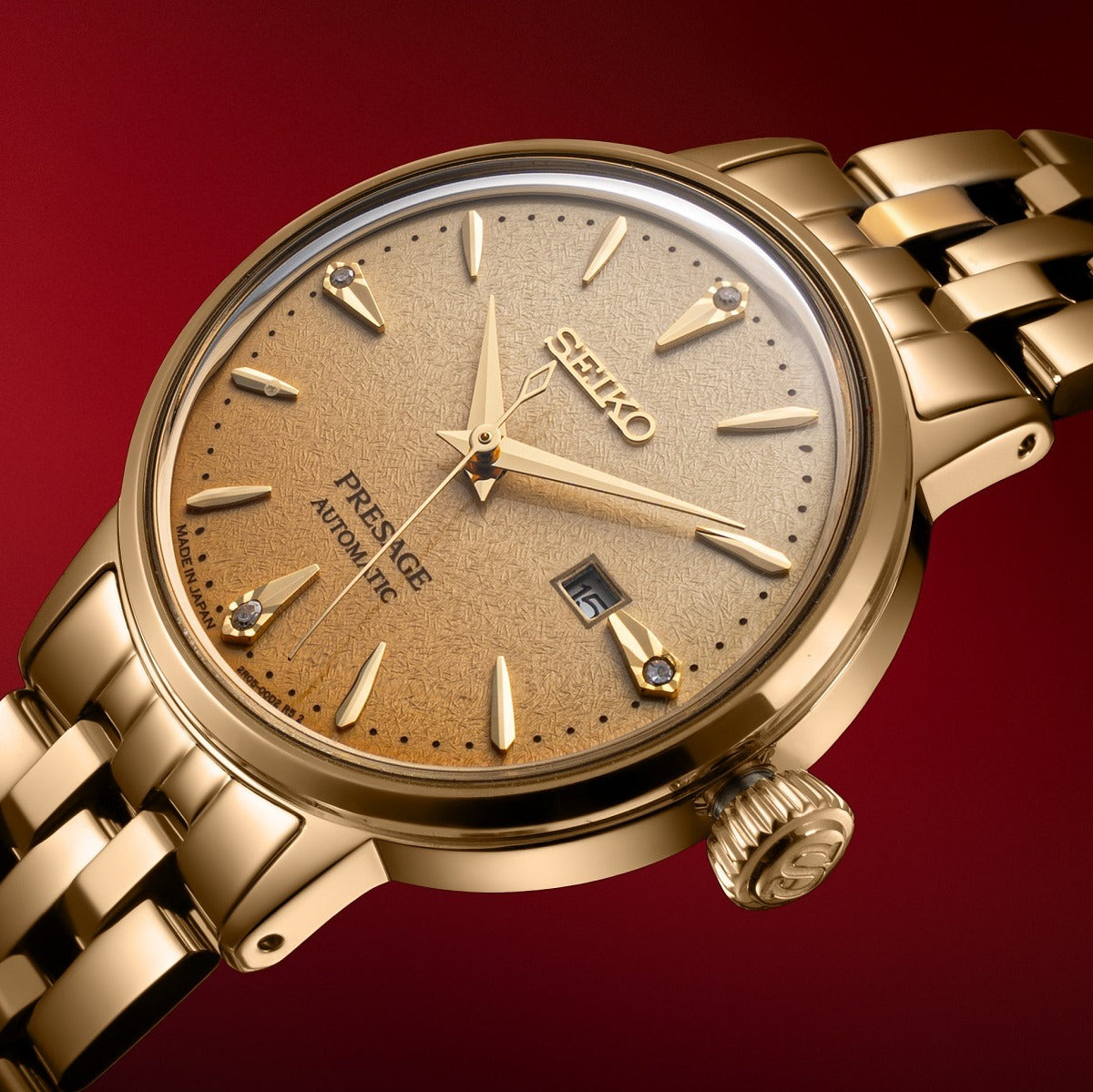 Seiko Presage Cocktail Time Automatic Diamonds Gold Dial Gold Steel Strap Watch for Women - SRE018J1