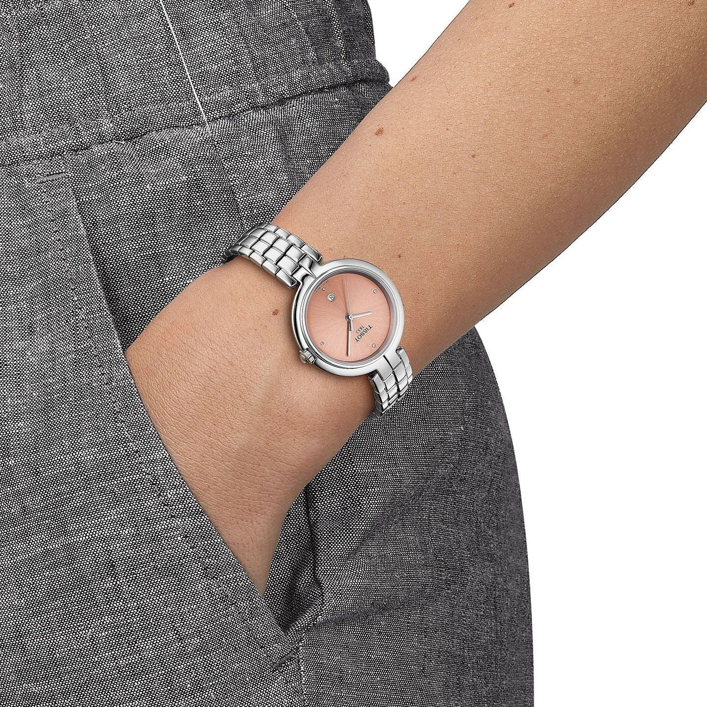 Tissot T-Lady Flamingo Diamonds Pink Dial Silver Steel Strap Watch for Women - T094.210.11.336.00