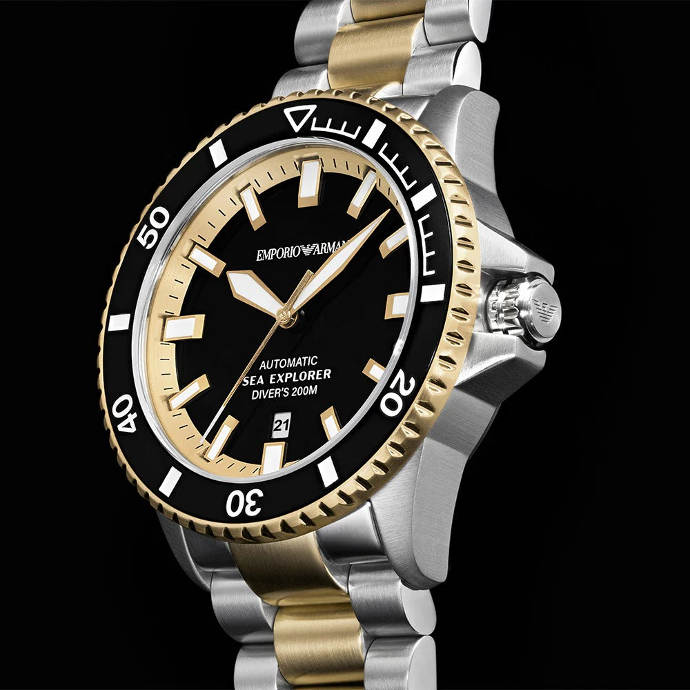 Emporio Armani Sea Explorer Black Dial Two Tone Steel Strap Watch for Men - AR60089