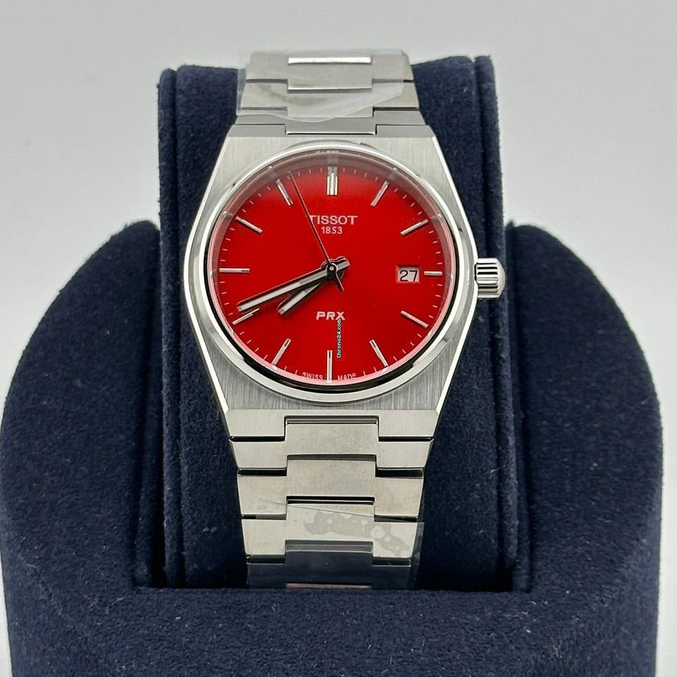 Tissot PRX Quartz Red Dial Silver Steel Strap Watch for Women - T137.210.11.421.00