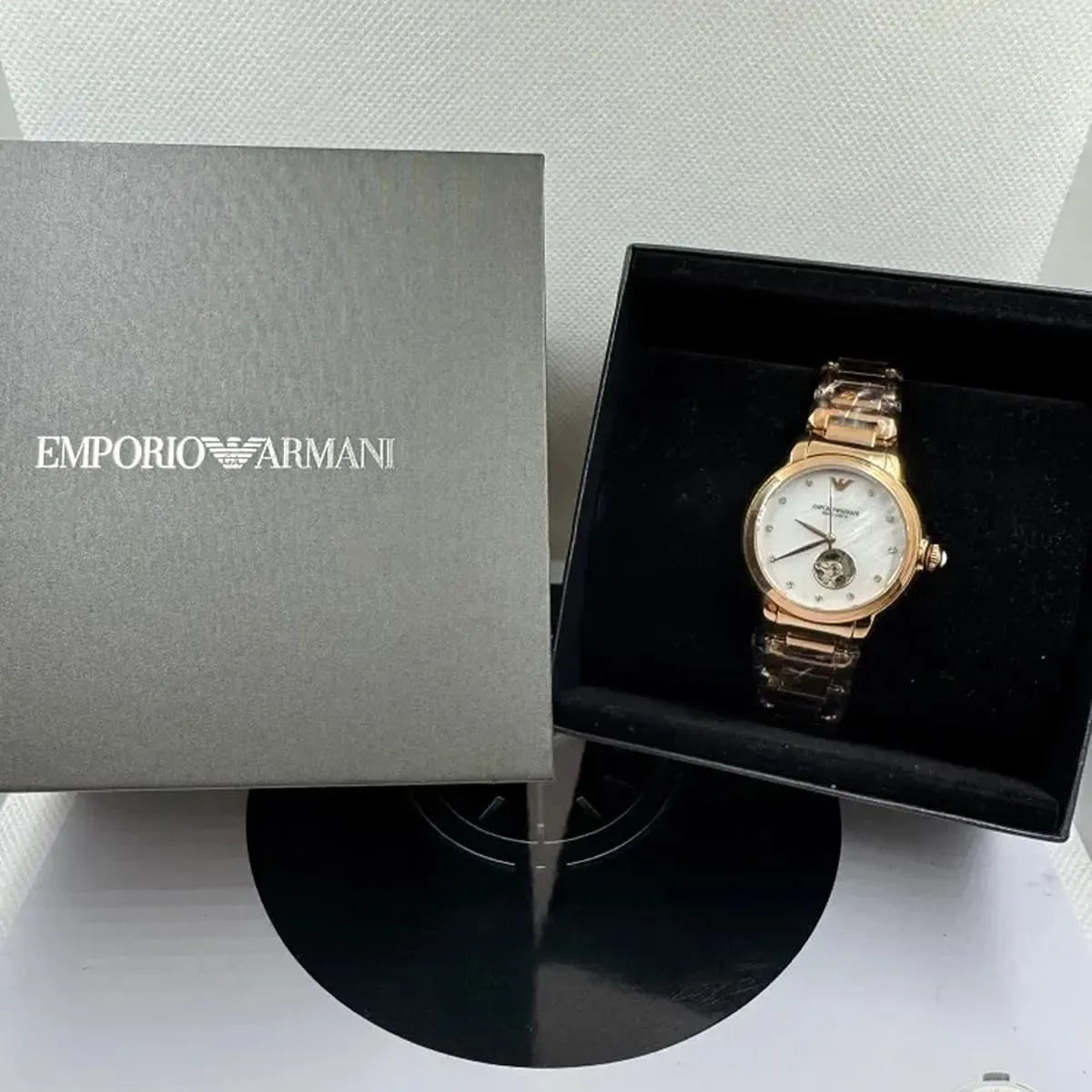 Emporio Armani Mia Meccanico Mother of Pearl Dial Rose Gold Steel Strap Watch for Women - AR60072