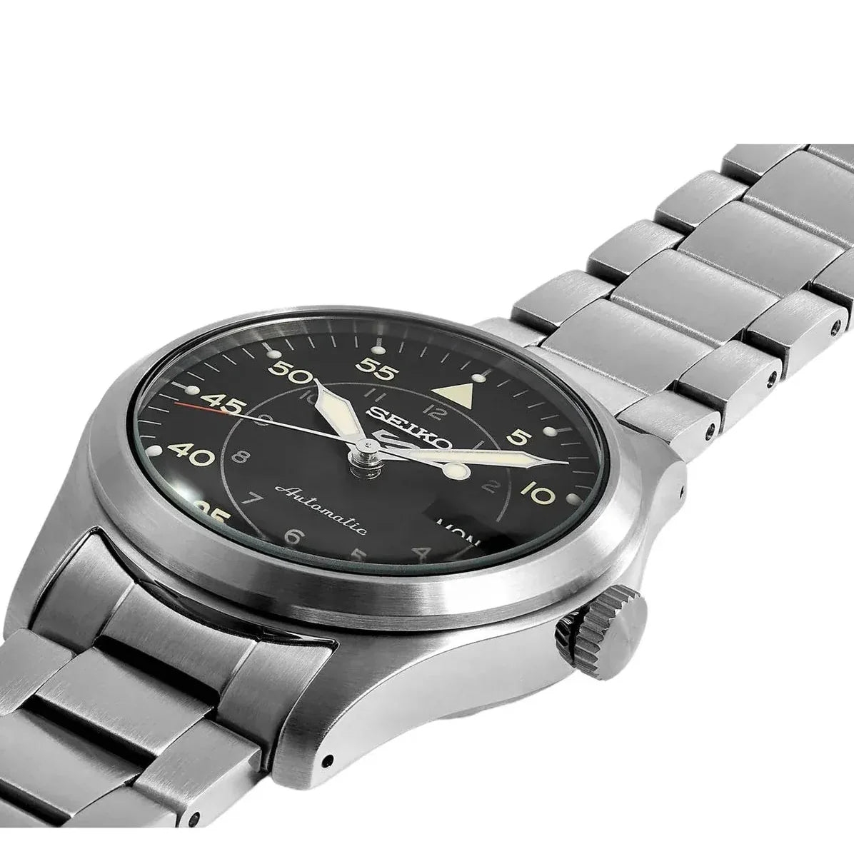 Seiko 5 Sports Flieger Automatic Black Dial Silver Steel Strap Watch for Men - SRPH27K1