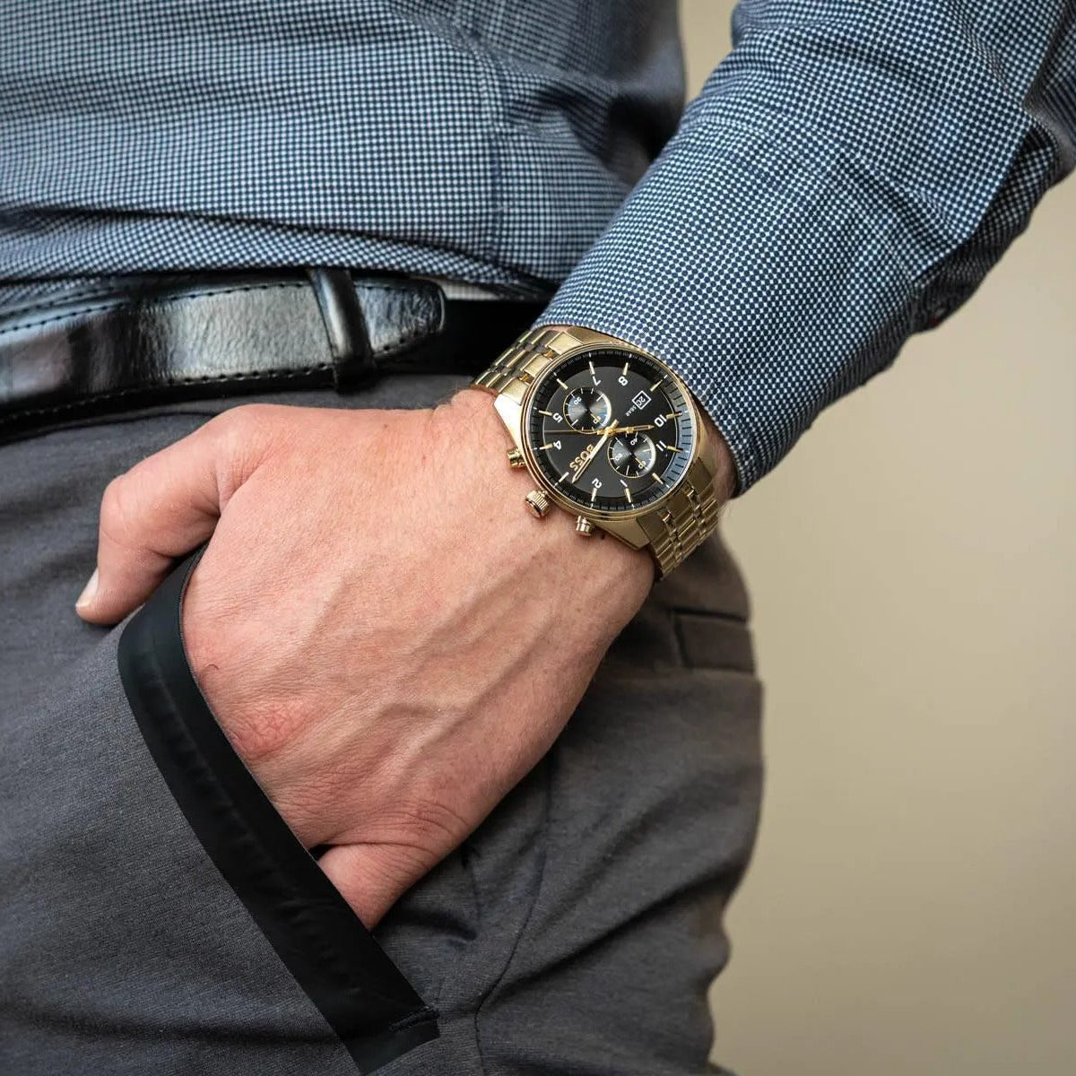 Hugo Boss Skytraveller Chronograph Black Dial Gold Steel Strap Watch for Men - 1514152