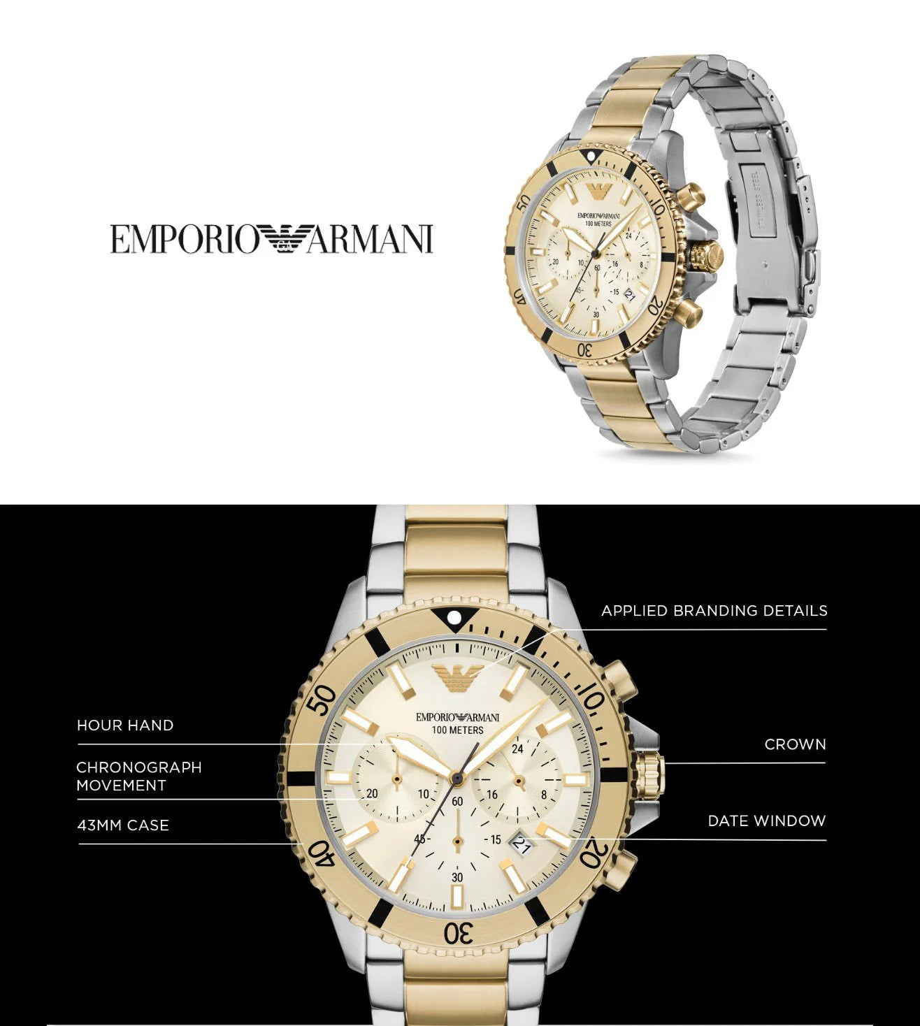 Emporio Armani World Explorer Chronograph Cream Dial Two Tone Steel Strap Watch for Men - AR11606
