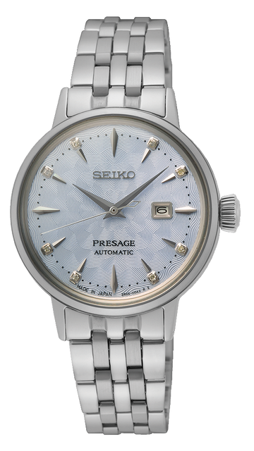 Seiko Presage Cocktail Time Automatic Skydiving Diamonds Blue Dial Silver Steel Strap Watch for Women - SRE007J1