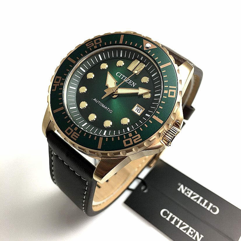 Citizen Mechanical Automatic Green Dial Brown Leather Strap Watch for Men - NJ0173-18X