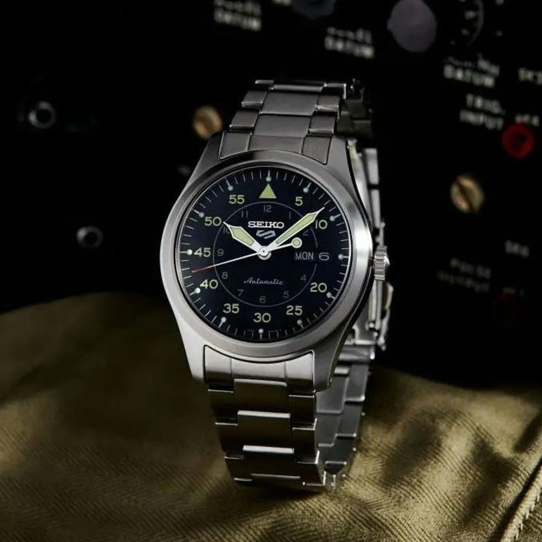 Seiko 5 Sports Flieger Automatic Black Dial Silver Steel Strap Watch for Men - SRPH27K1