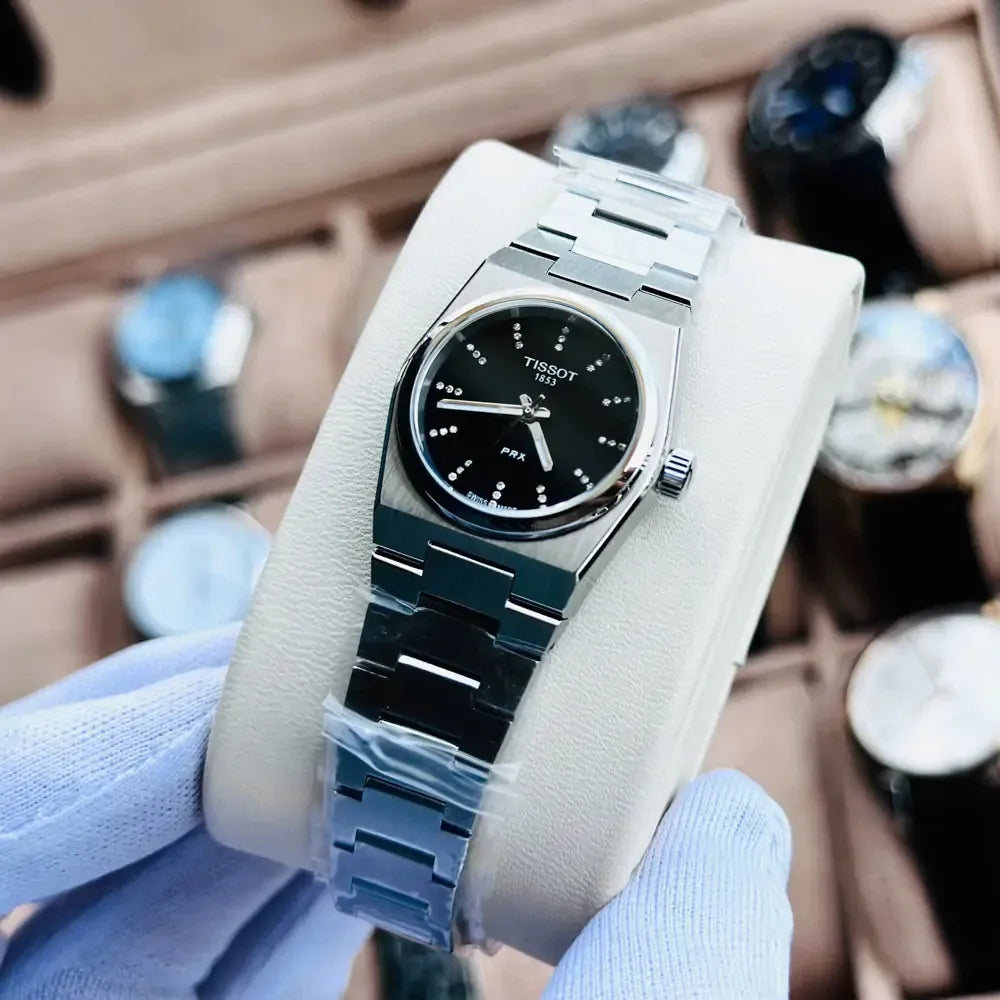 Tissot PRX Quartz Diamonds Black Dial Silver Steel Strap Watch for Women - T137.010.11.056.00