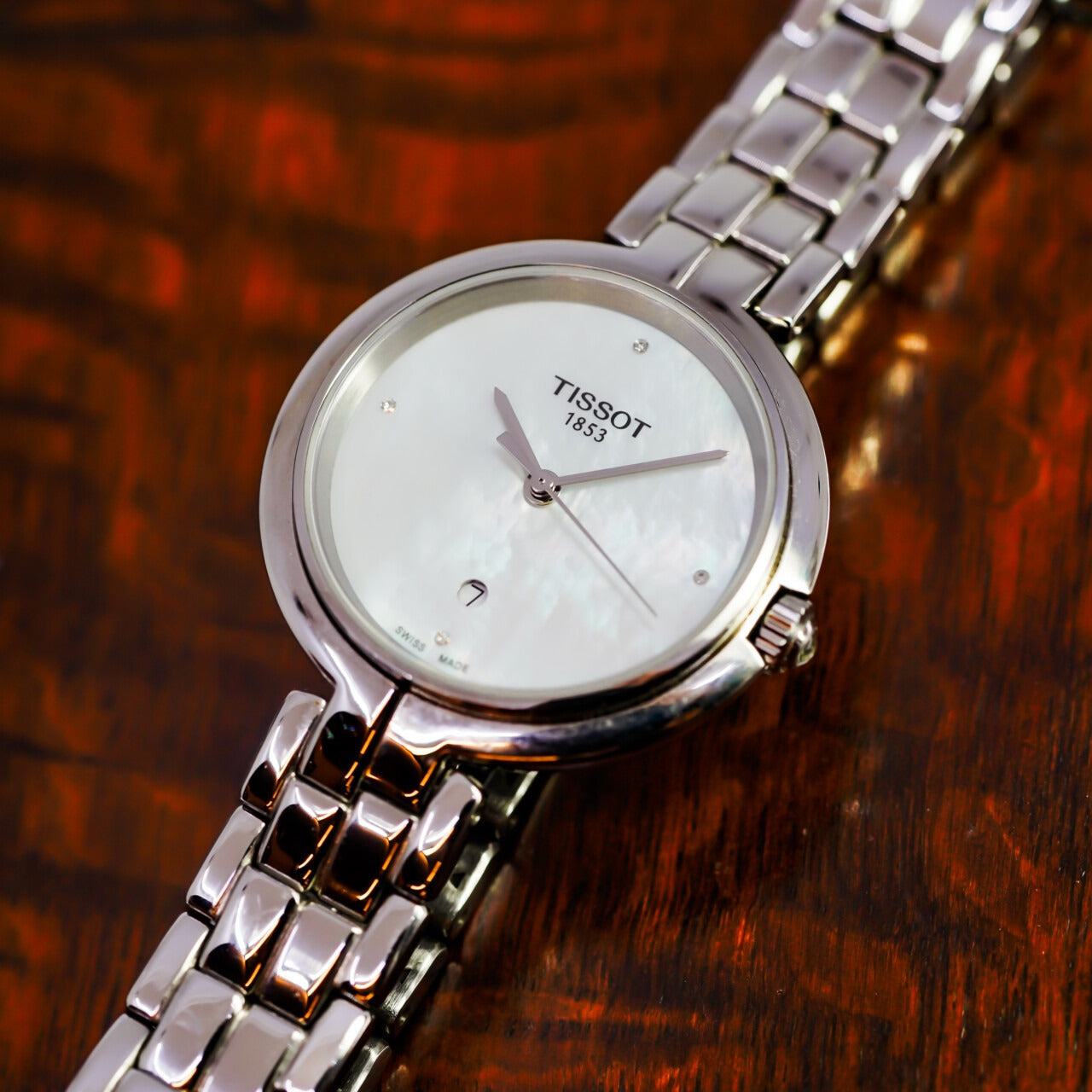 Tissot T-Lady Flamingo Diamonds Mother of Pearl Dial SIlver Steel Strap Watch for Women - T094.210.11.116.02