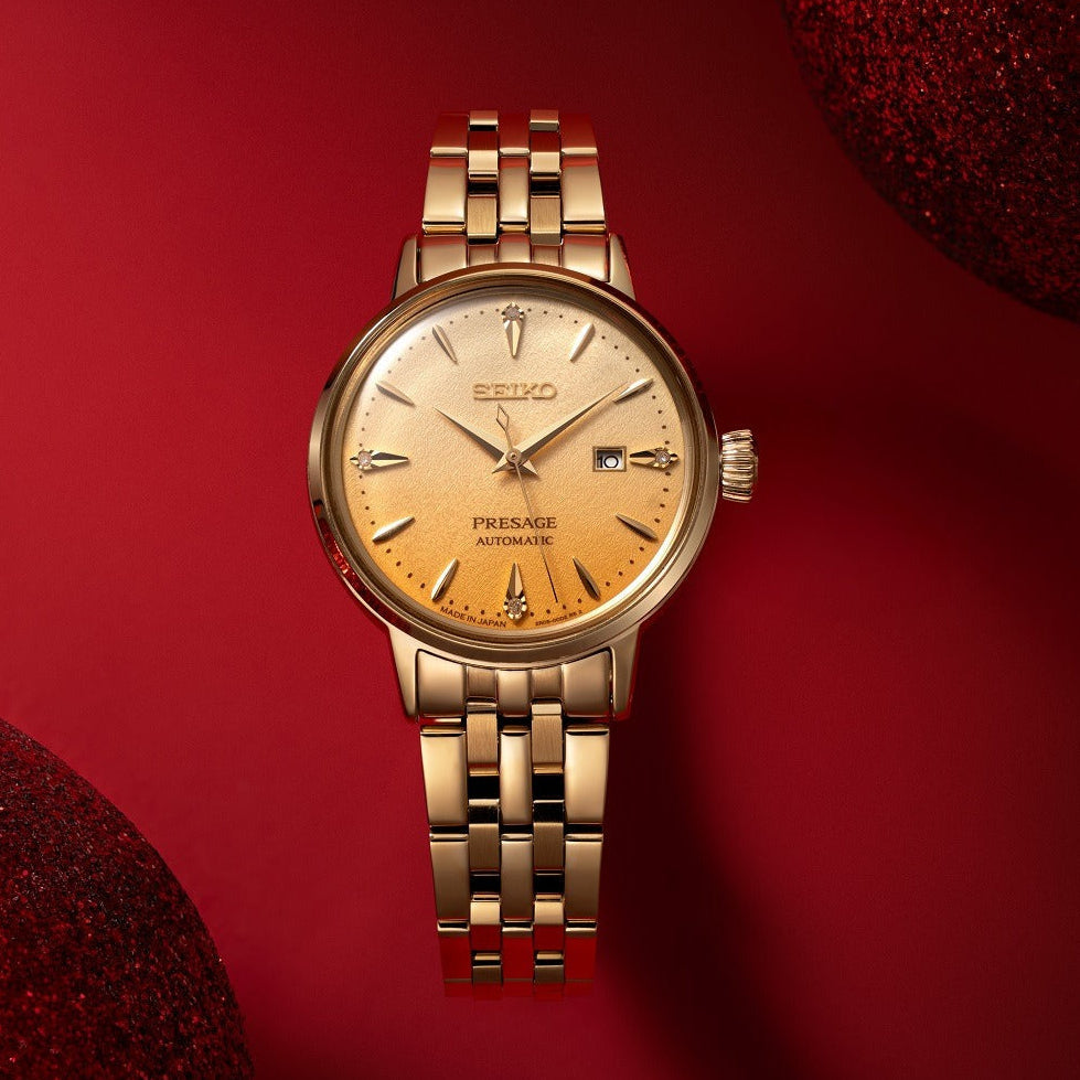 Seiko Presage Cocktail Time Automatic Diamonds Gold Dial Gold Steel Strap Watch for Women - SRE018J1