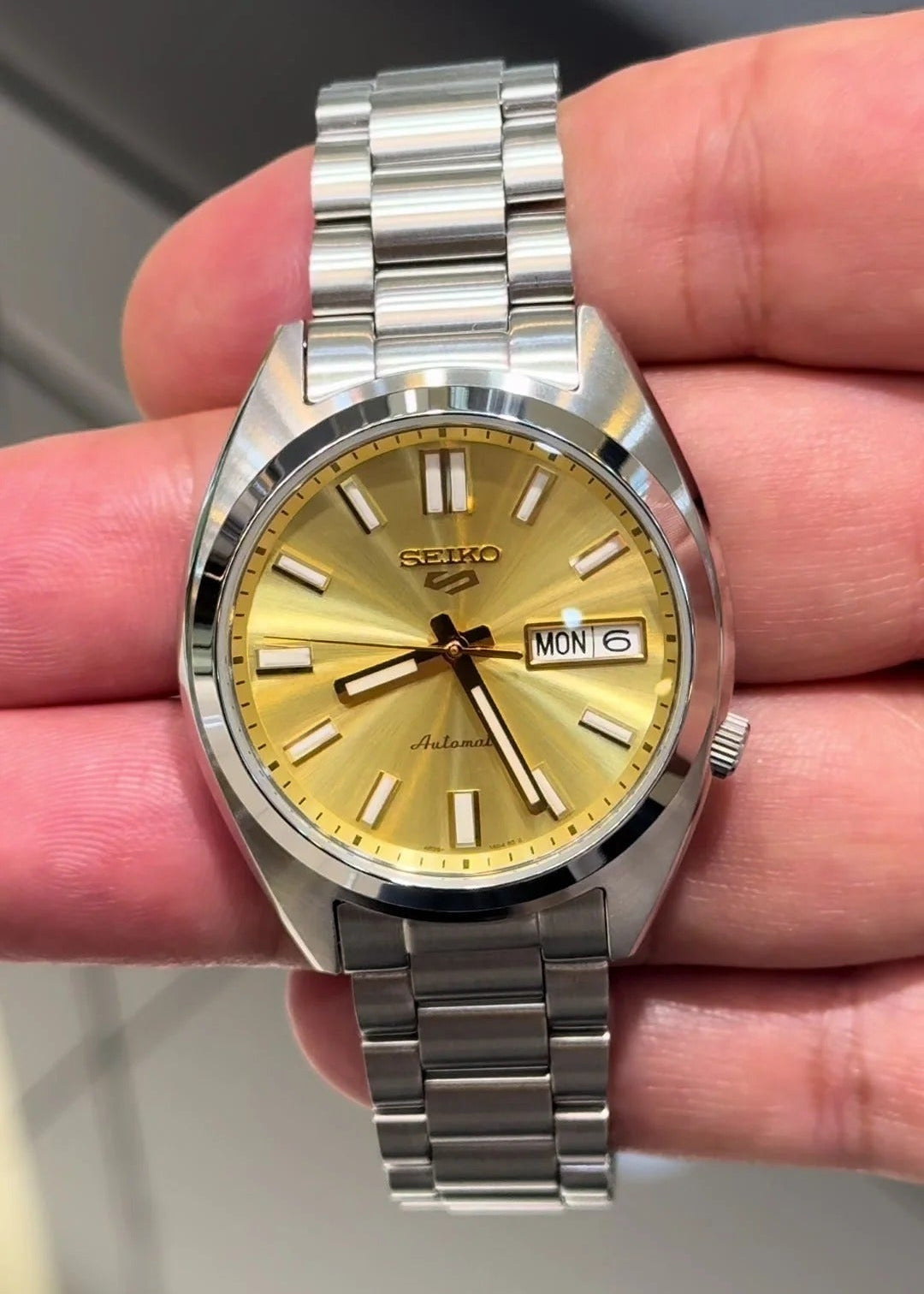 Seiko 5 Sports Automatic Gold Dial Silver Steel Strap Watch for Men - SRPL59K1