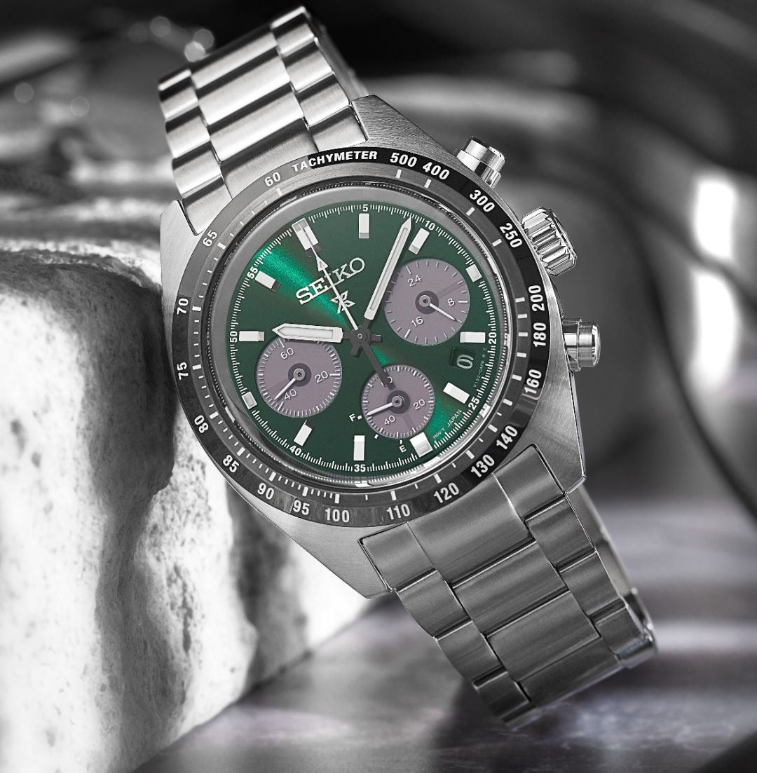 Seiko Prospex Speedtimer Solar Chronograph Green Dial Silver Steel Strap Watch for Men - SSC933