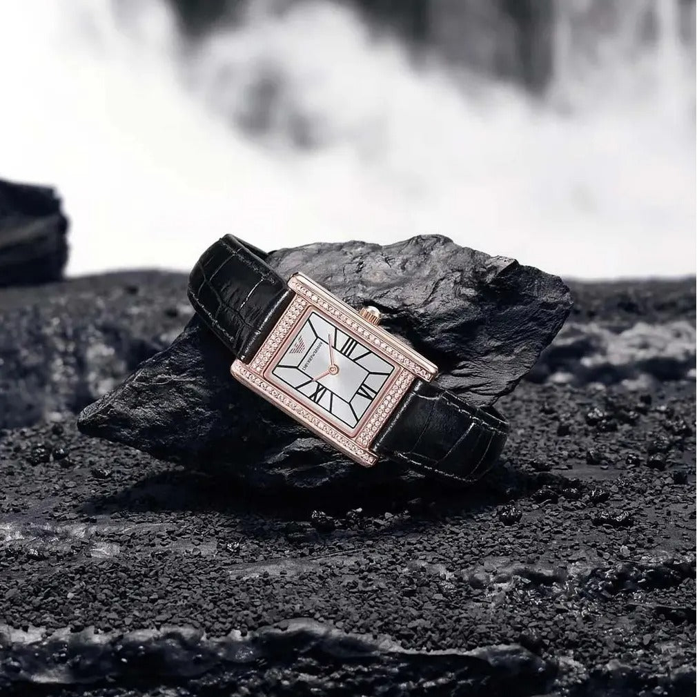 Emporio Armani Genni Silver Dial Black Leather Strap Watch for Women - AR11624