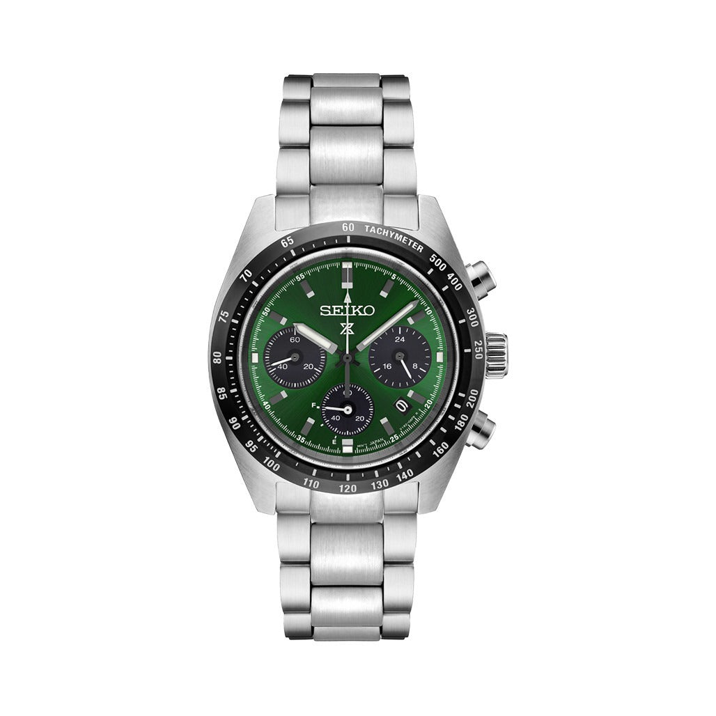 Seiko Prospex Speedtimer Solar Chronograph Green Dial Silver Steel Strap Watch for Men - SSC933
