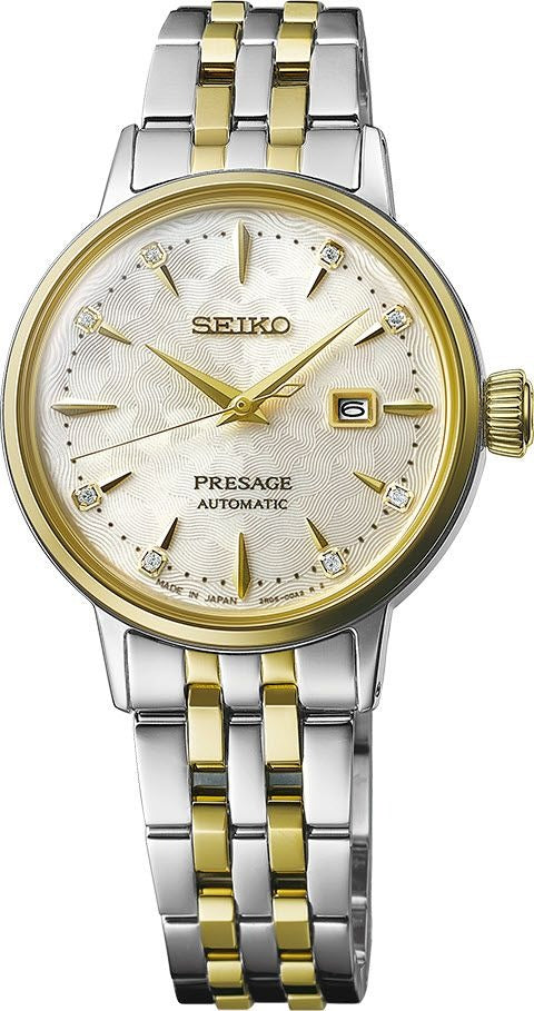 Seiko Presage Cocktail Time Automatic Diamonds White Dial Two Tone Steel Strap Watch for Women - SRE010J1