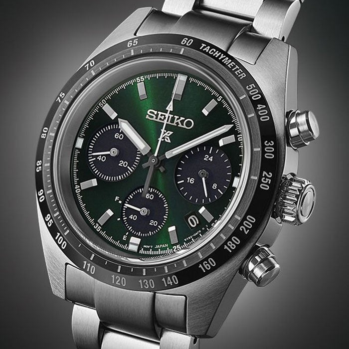 Seiko Prospex Speedtimer Solar Chronograph Green Dial Silver Steel Strap Watch for Men - SSC933