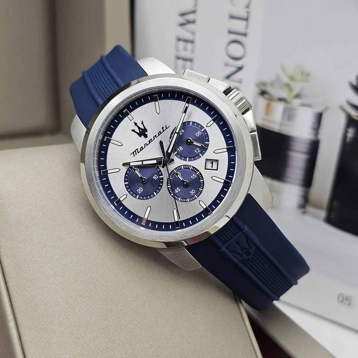 Maserati Successo Chronograph Silver Dial Blue Silicone Strap Watch for Men - R8871621042