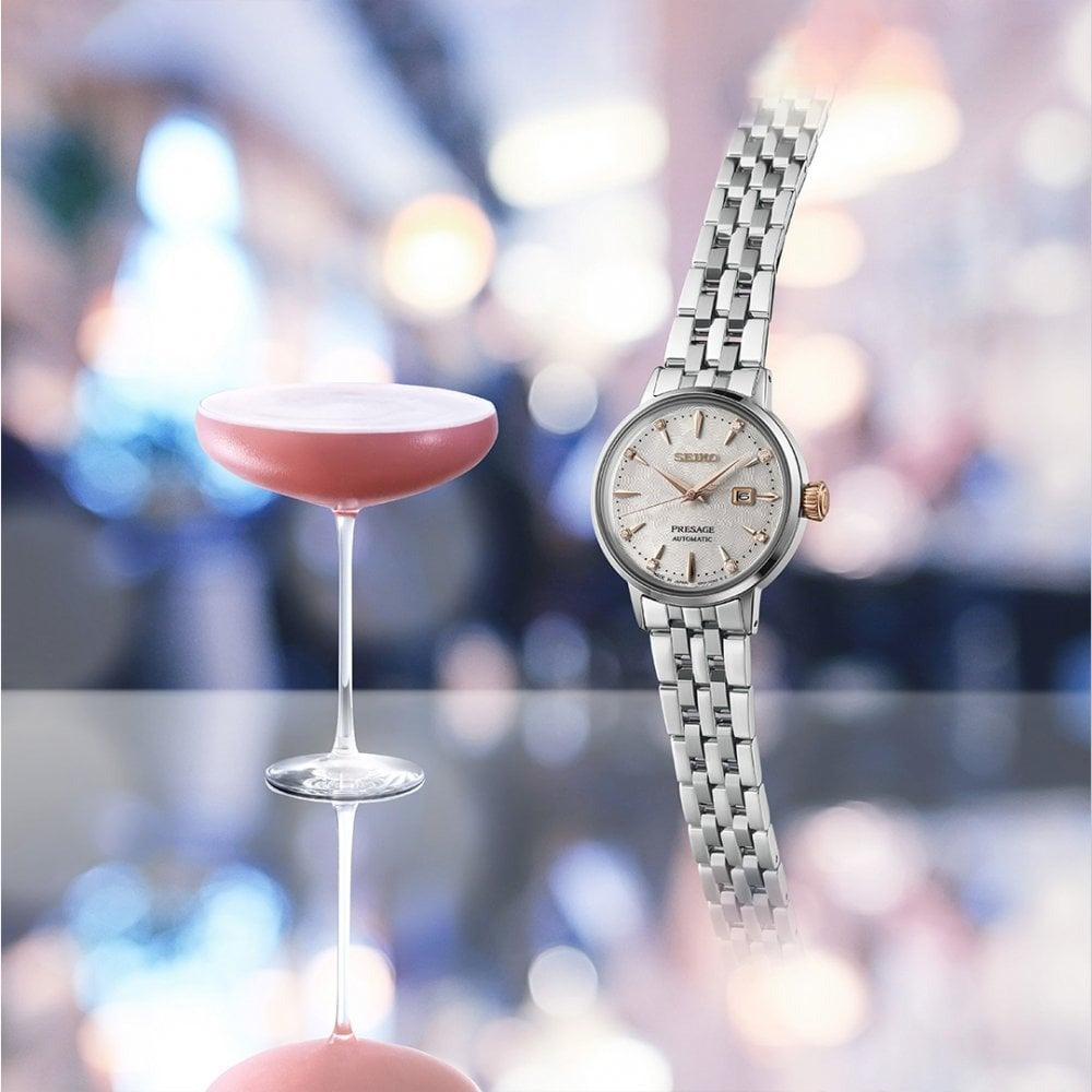 Seiko Presage Cocktail Time Skydiving Automatic Diamonds Mother of Pearl Dial Silver Steel Strap Watch for Women - SRE009J1