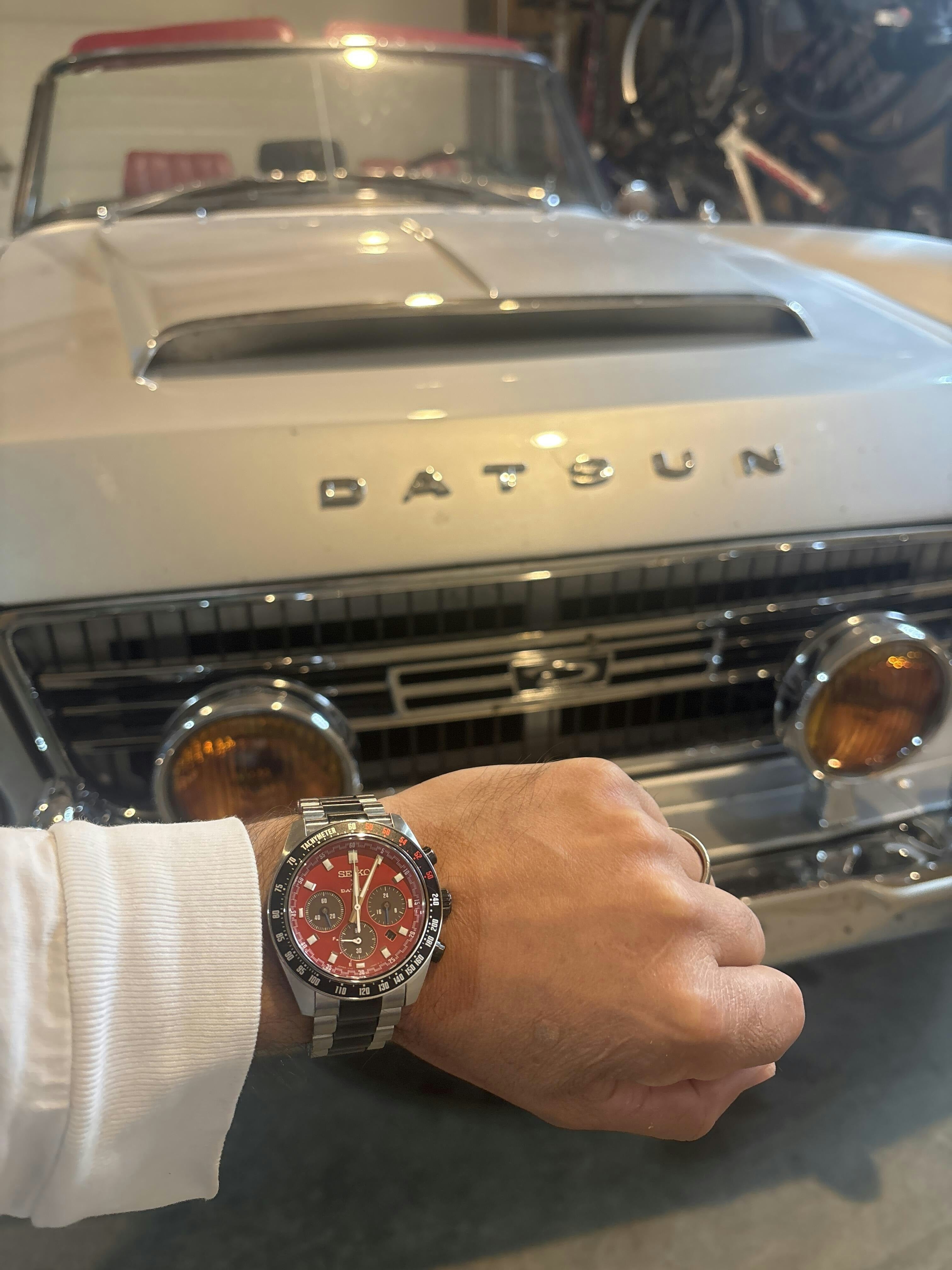 Seiko Prospex Speedtimer Solar Chronograph Datsun 240Z Collaboration Limited Edition Red Dial Two Tone Steel Strap Watch for Men - SBDL123
