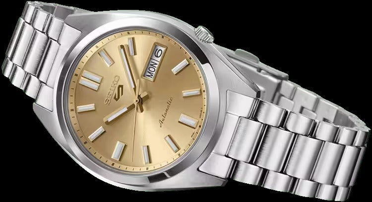 Seiko 5 Sports SNXS Automatic Gold Dial Silver Steel Strap Watch for Men - SRPL59K1