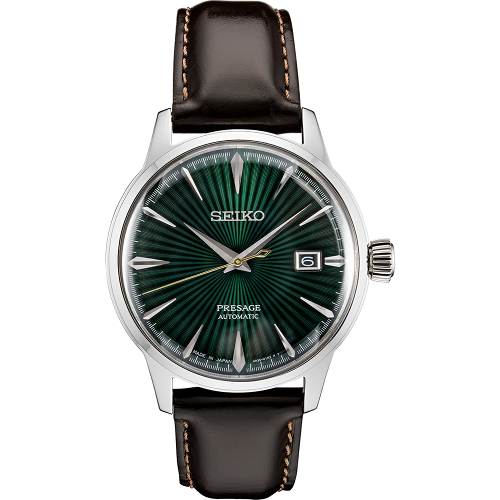Seiko Presage Cocktail Time Automatic Green Dial Brown Leather Strap Watch for Men - SRPD37J1
