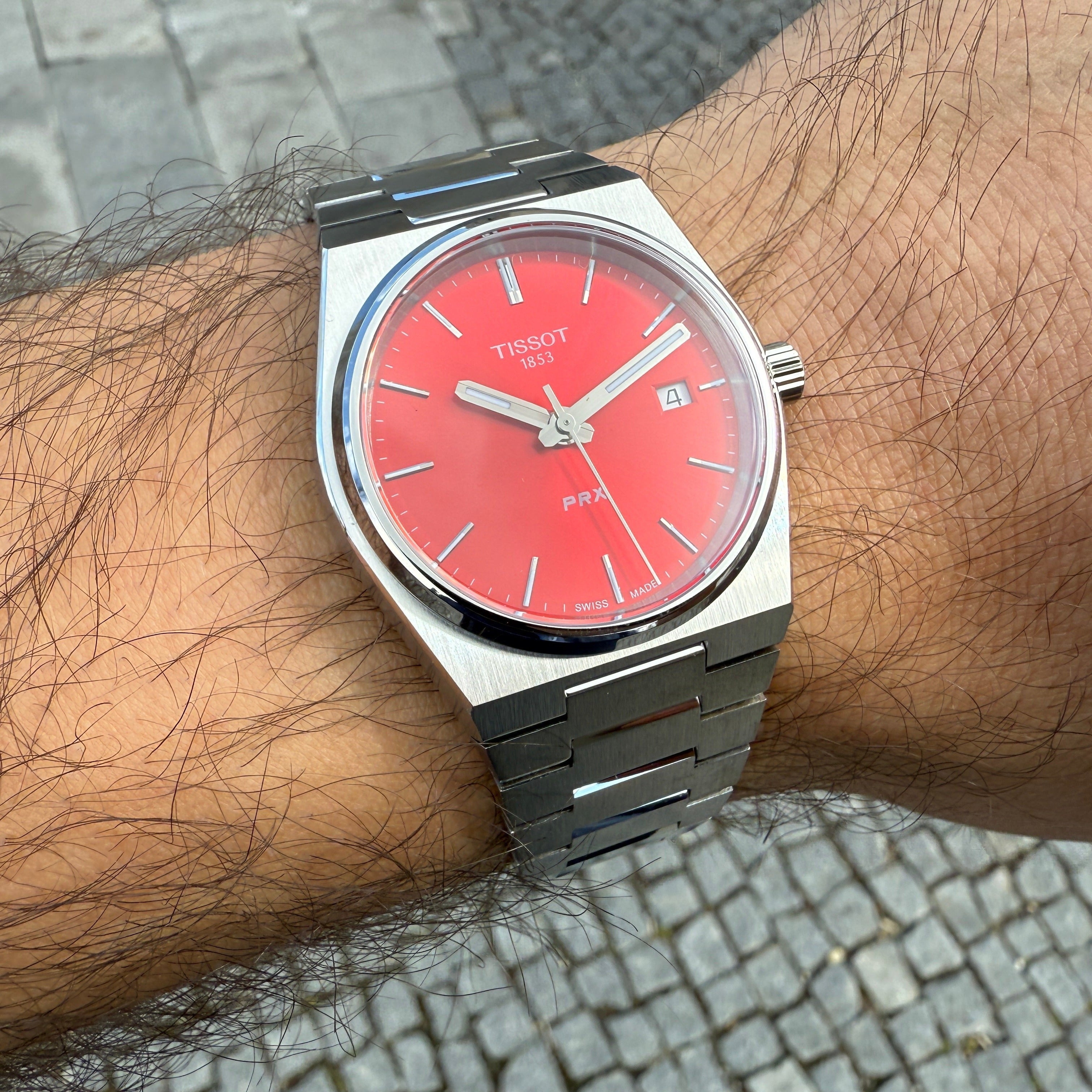 Tissot PRX Quartz Red Dial Silver Steel Strap Watch for Women - T137.210.11.421.00