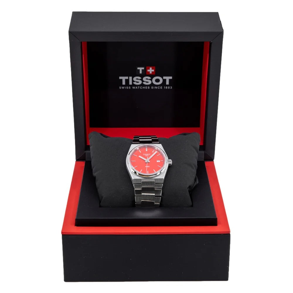 Tissot PRX Quartz Red Dial Silver Steel Strap Watch for Women - T137.210.11.421.00