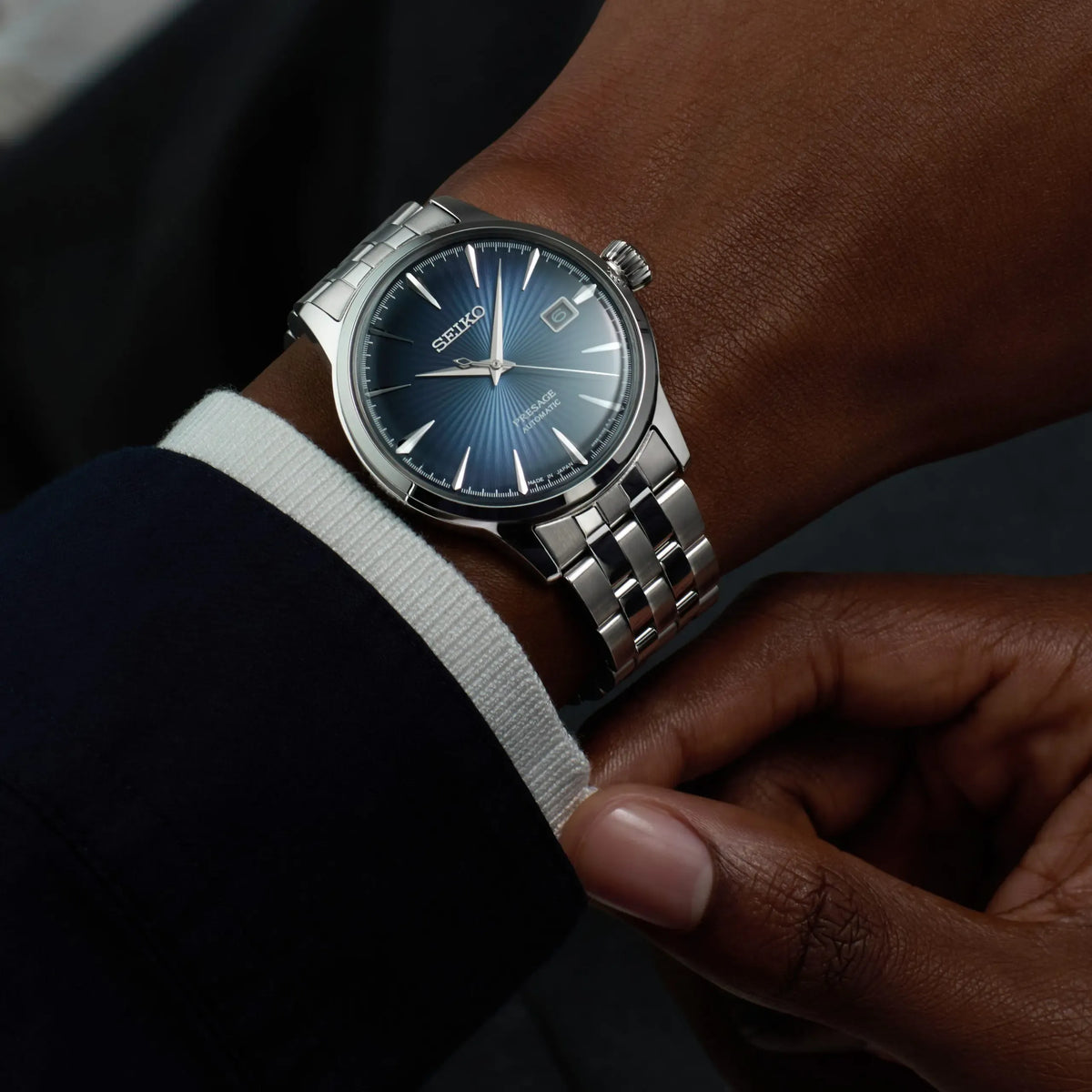 Seiko Presage Cocktail Time Automatic Blue Dial Silver Steel Strap Watch for Men - SRPB41J1