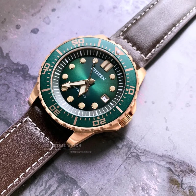 Citizen Mechanical Automatic Green Dial Brown Leather Strap Watch for Men - NJ0173-18X