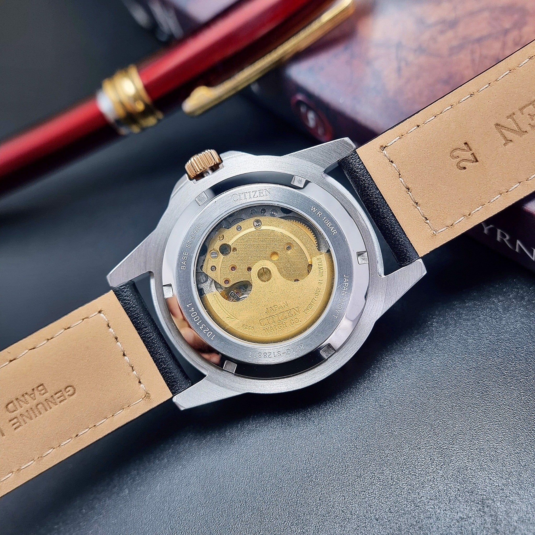 Citizen Mechanical Automatic Black Dial Black Leather Strap Watch for Men - NJ0176-10E