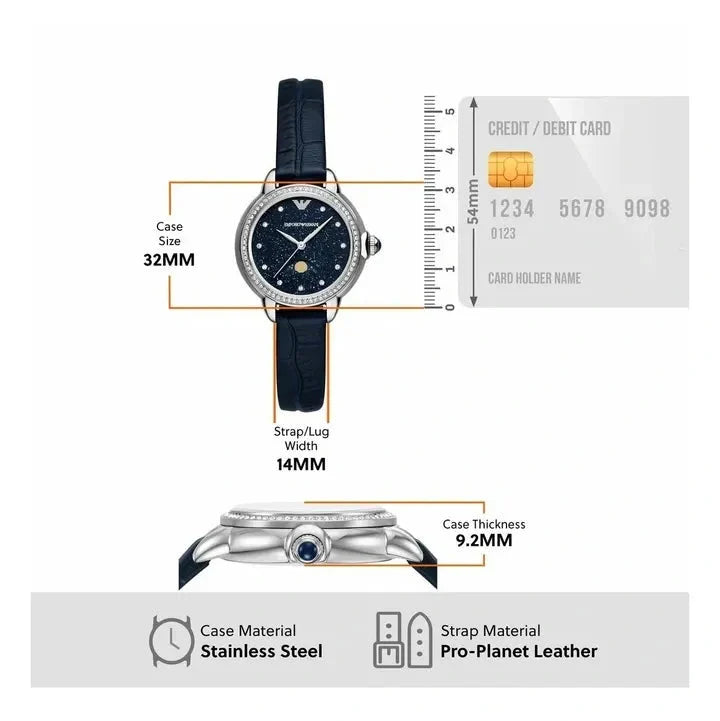 Emporio Armani Mia Moonphase Blue Dial Blue Leather Strap Watch for Women - AR11629