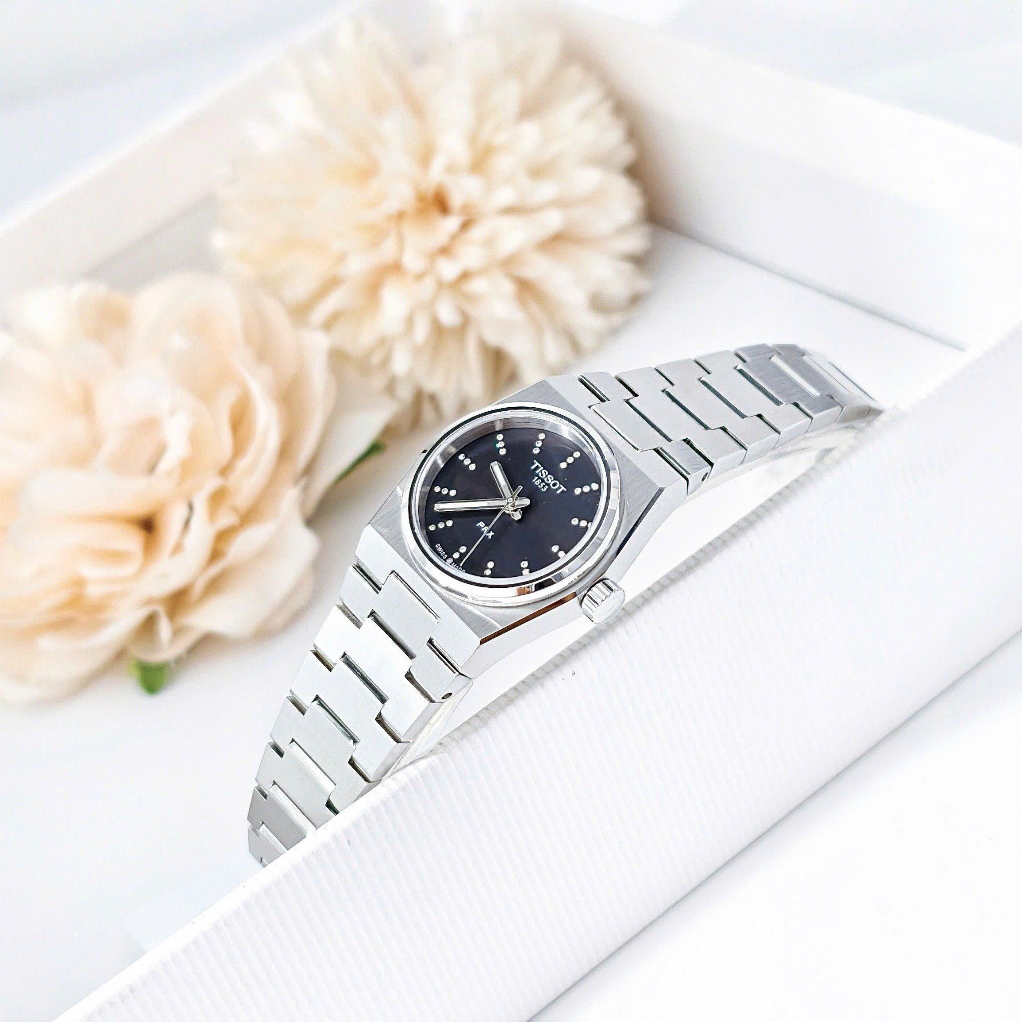 Tissot PRX Quartz Diamonds Black Dial Silver Steel Strap Watch for Women - T137.010.11.056.00