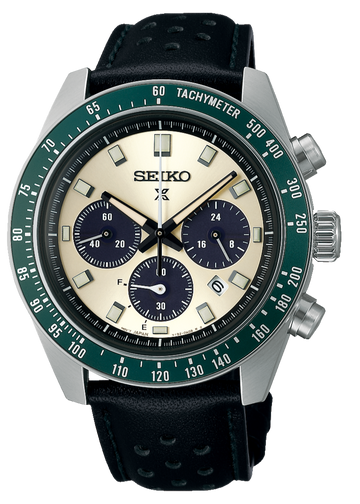 Seiko Prospex Speedtimer Solar Chronograph Ivory Dial Black Leather Strap Watch for Men - SSC943