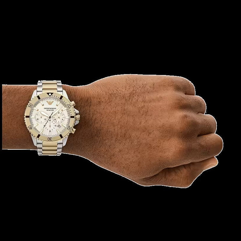 Emporio Armani World Explorer Chronograph Cream Dial Two Tone Steel Strap Watch for Men - AR11606